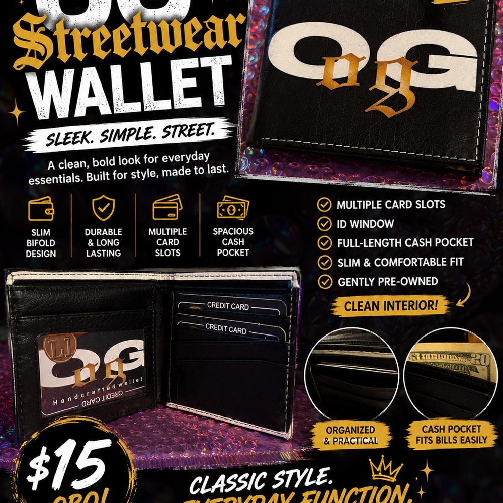 OG Streetwear Bifold Wallet | Black & Gold Logo Wallet | Men’s Everyday Wallet